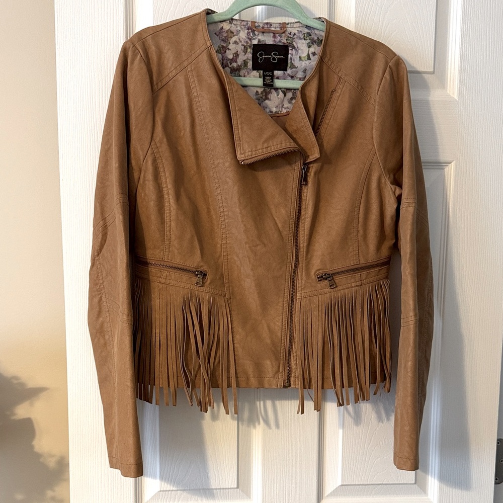 Jessica Simpson Tan Leather Fringe Jacket